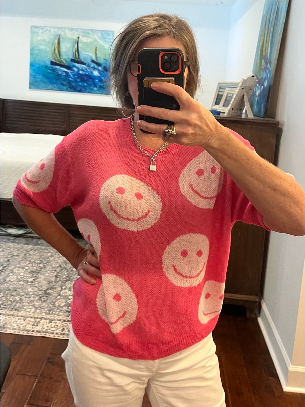 Bibi Pink Smiley Knit Short Sleeve Sweater - sz S
